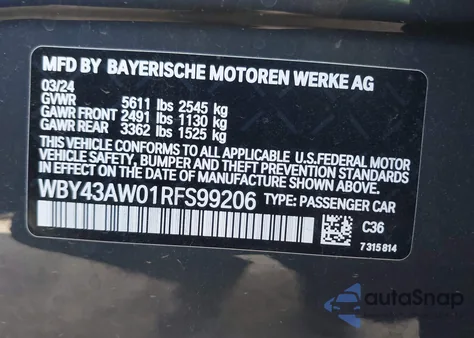 2024 BMW I4 Edrive35 z USA, uszkodzony, nr VIN WBY43AW01RFS99206